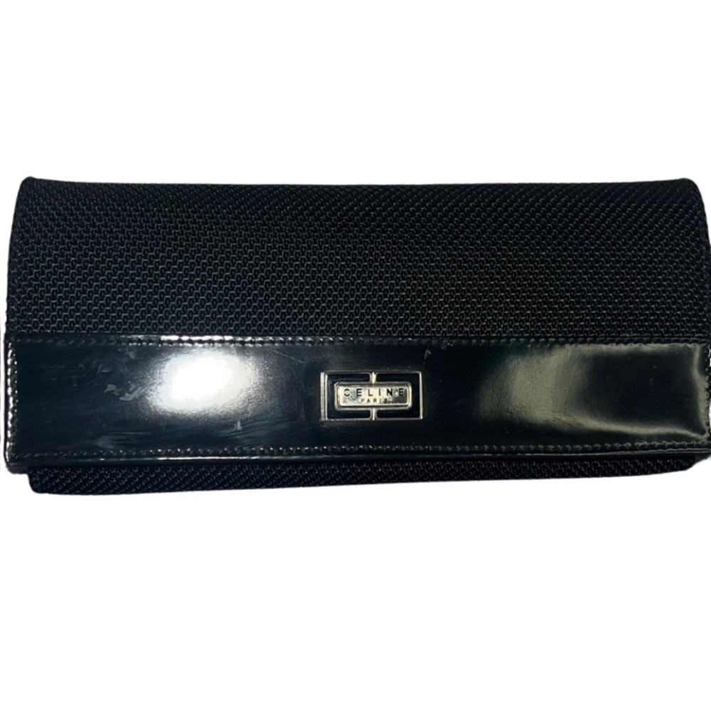 RARE Vintage CÉLINE PARIS Black Textured Continental Wallet Clutch Silver Plaque